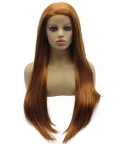 Peluca larga y recta de encaje sintético color auburn