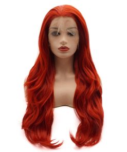 Peluca de Encaje Sintético Rojo Brillante Ondulado Largo de