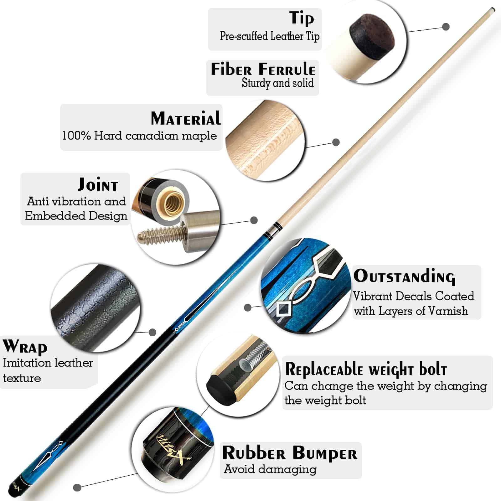 Taco de Billar Tai Ba con Estuche, Punta de 13mm, 58", Palo - Imagen 3