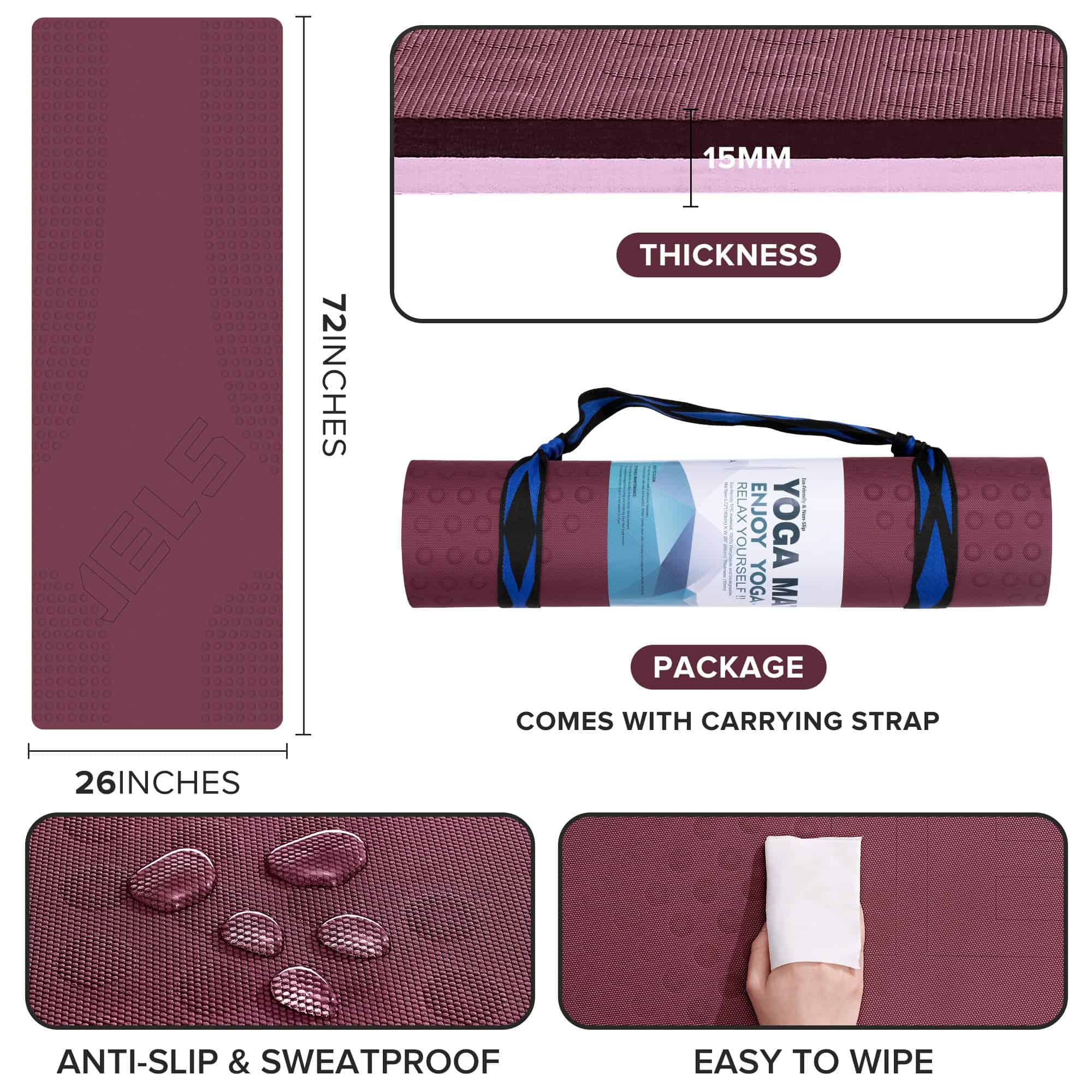 Tapete de Yoga Extra Grueso JELS, 1.2/2 -Vino/Rosa - Imagen 6