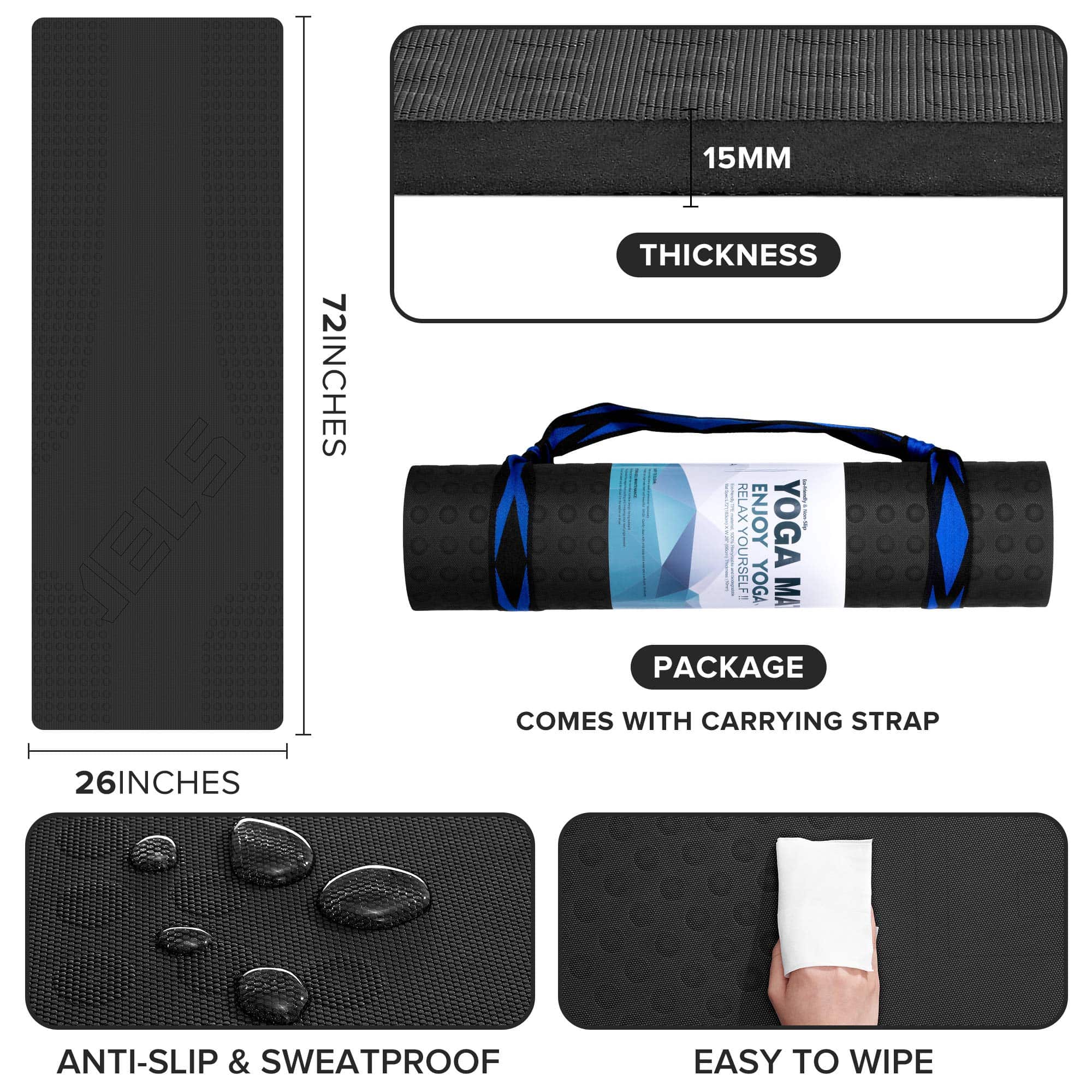 Tapete de Yoga Extra Grueso JELS, 1.2/2 -Negro (15mm) - Imagen 6