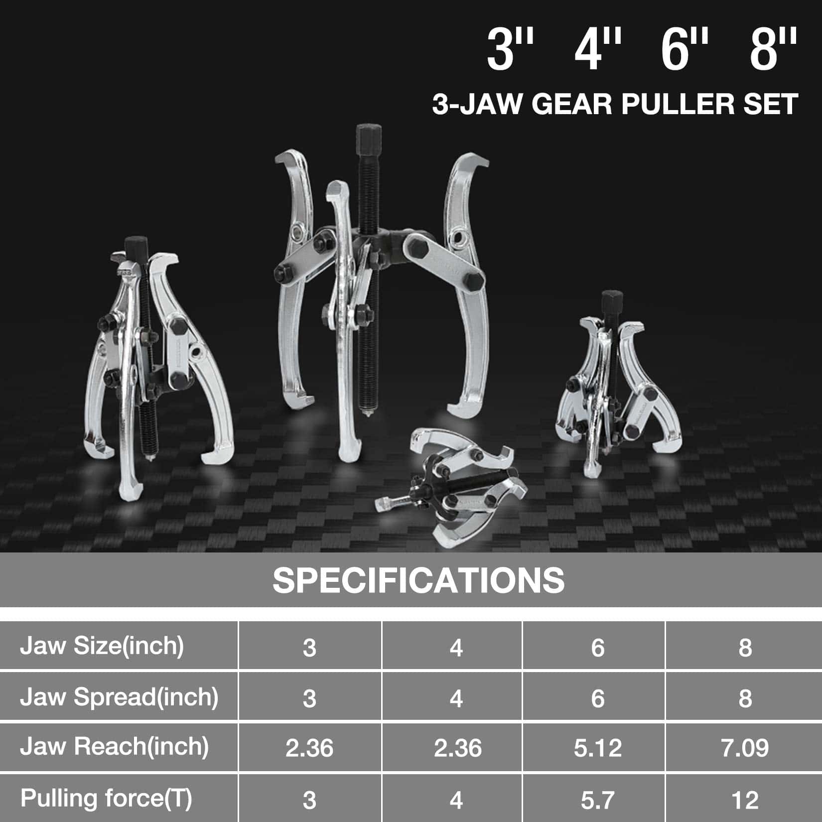 DURATECH 4-Piece 3-Jaw Gear Puller, 3", 4", 6", 8", - Imagen 4