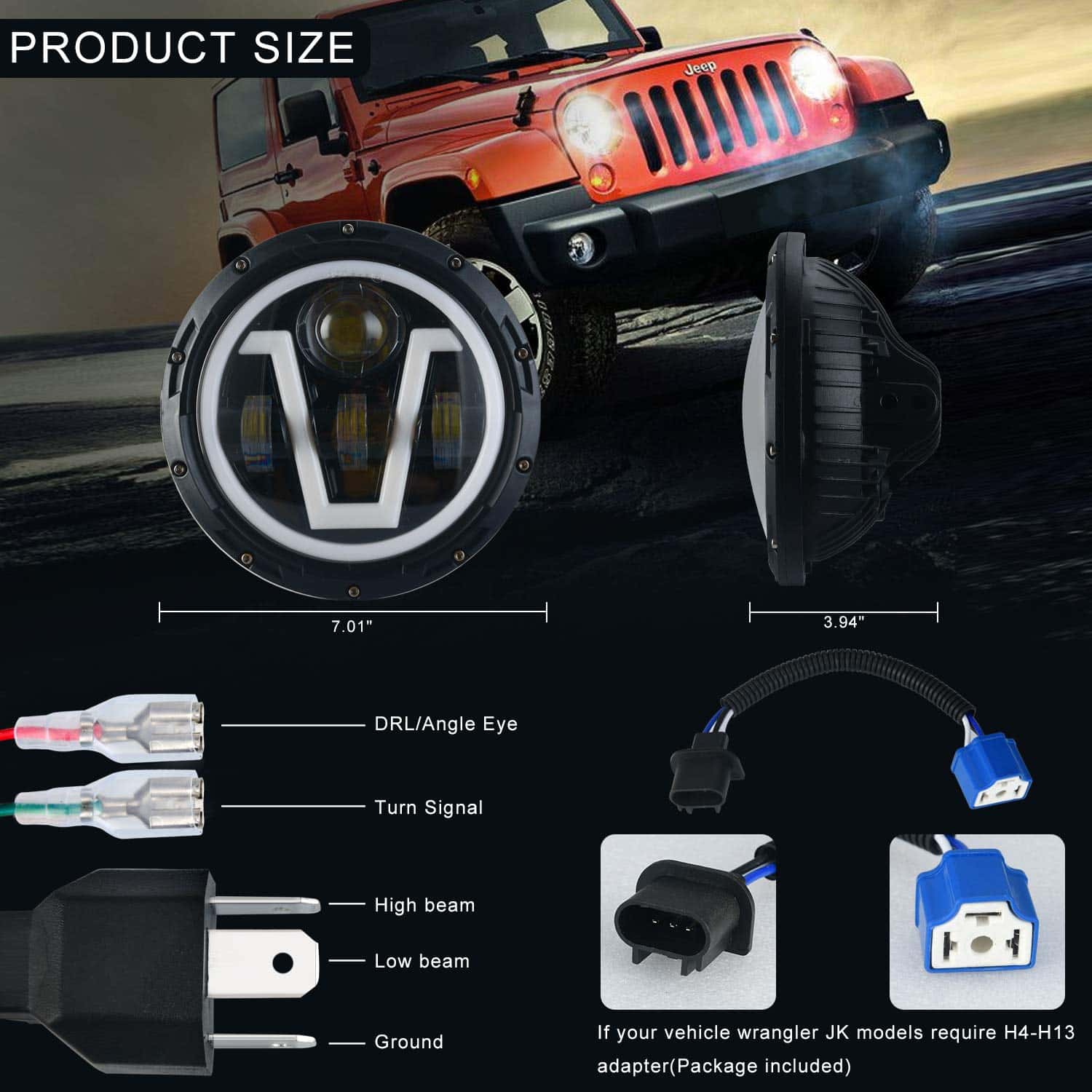 DHung 2PCS 7inch Halo Headlights Compatible Con Jeep - Imagen 3