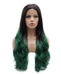 Peluca Sintética de Encaje Frontal Ondulada -Verde Ombre