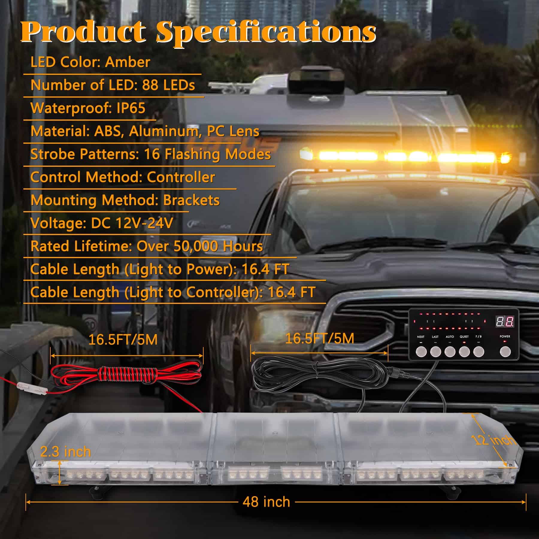 V-SEK 48 Pulgadas 88 LED Barra de Luz de Emergencia Ámbar - Imagen 7