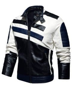 Chaqueta de cuero de moto para hombre con cuello alto de