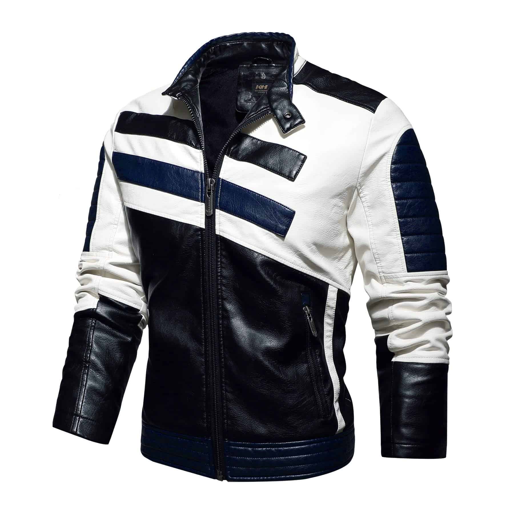 Chaqueta de cuero de moto para hombre con cuello alto de