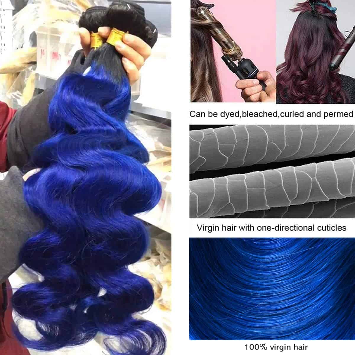 Cabello Ombre 1B/Azul Brasileño Onda Corporal 1 Paquete - Imagen 3