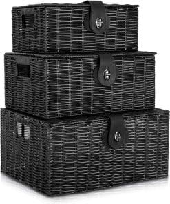 Conjunto de 3 Cestas de Almacenaje Tejidas con Tapa y
