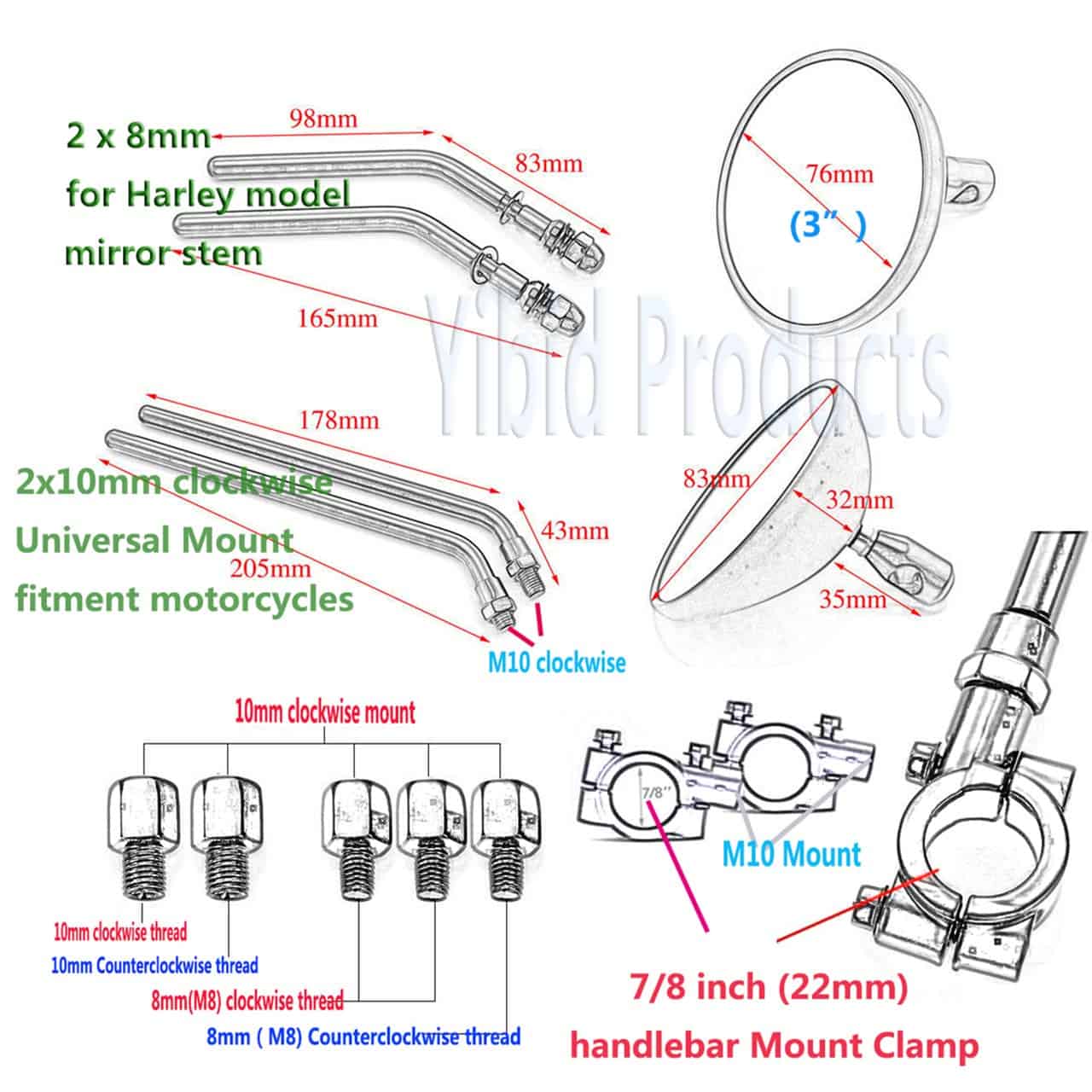 Yibid Espejos Retro Universales Redondos de 3" Negros Mate - Imagen 8