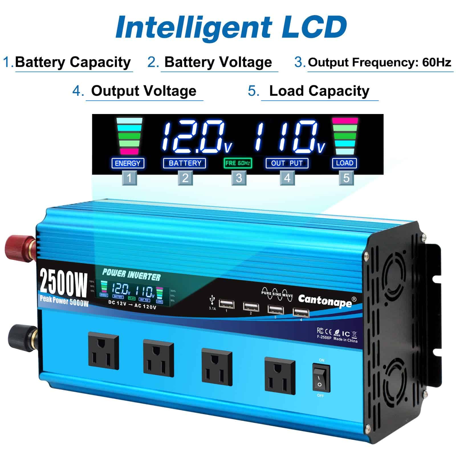 Inversor de onda sinusoidal pura Cantonape 2500W DC 12V a - Imagen 3