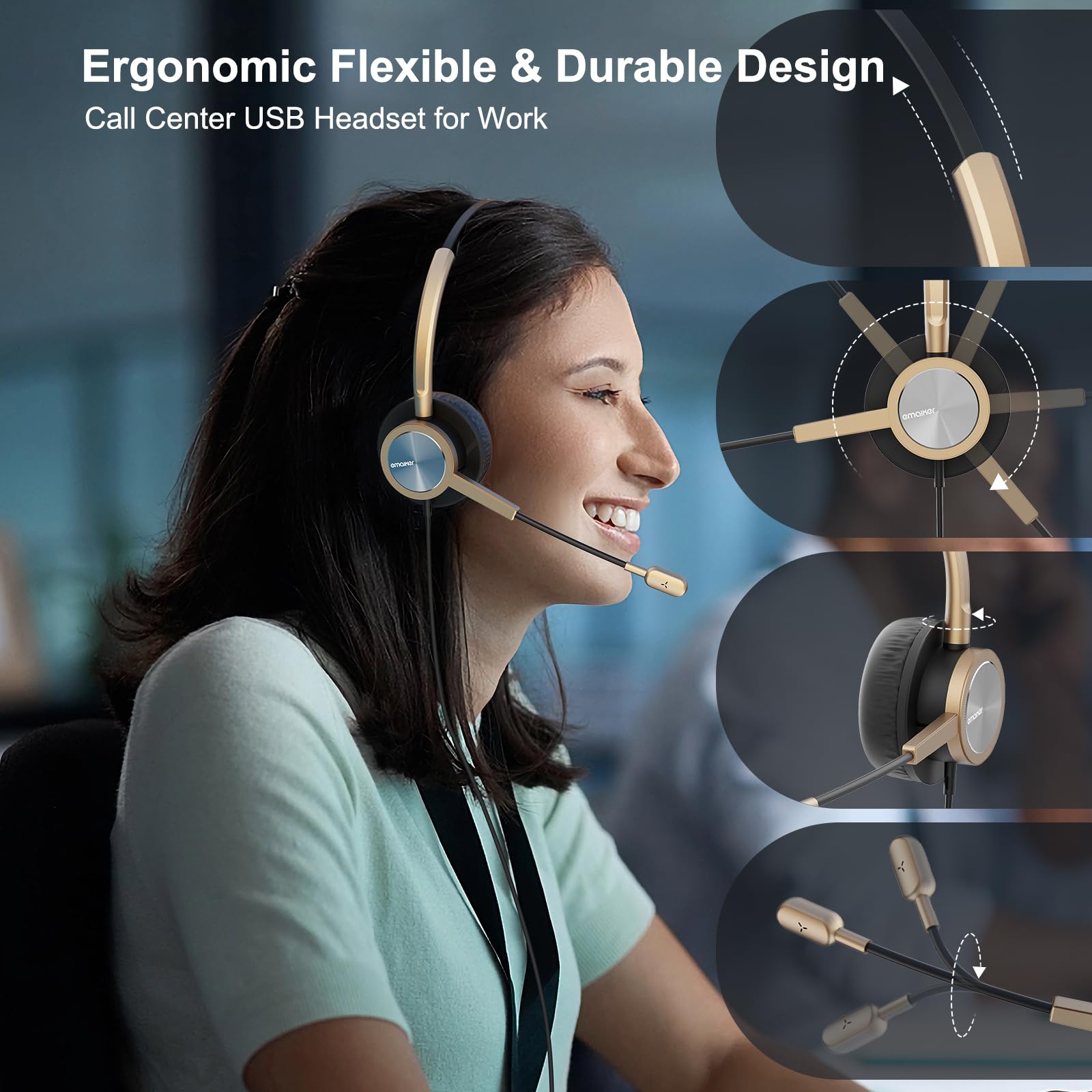 Audífono USB tipo C dorado con micrófono de cancelación de - Imagen 3