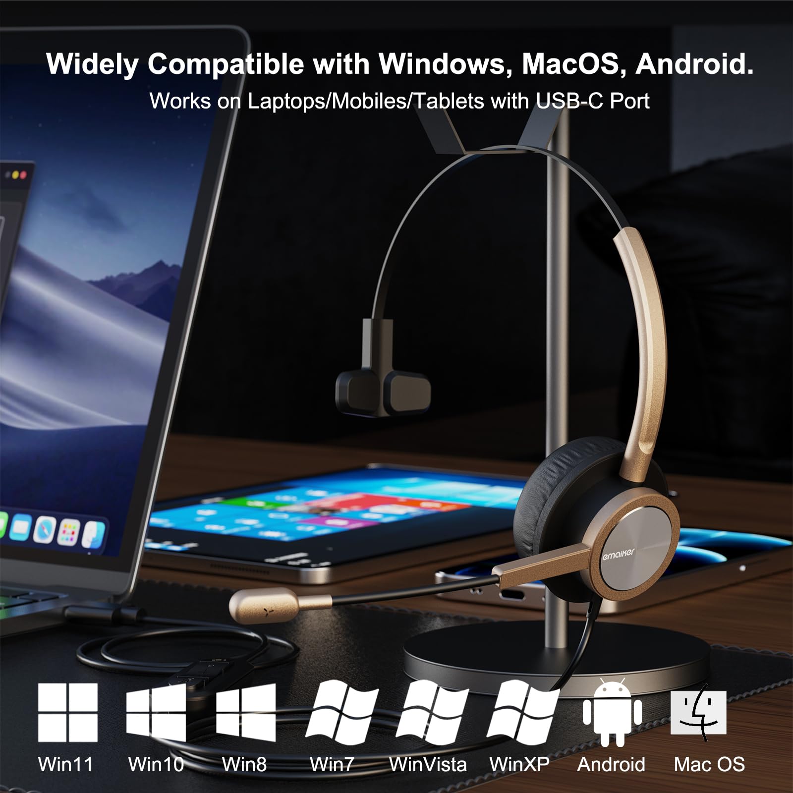 Audífono USB tipo C dorado con micrófono de cancelación de - Imagen 4