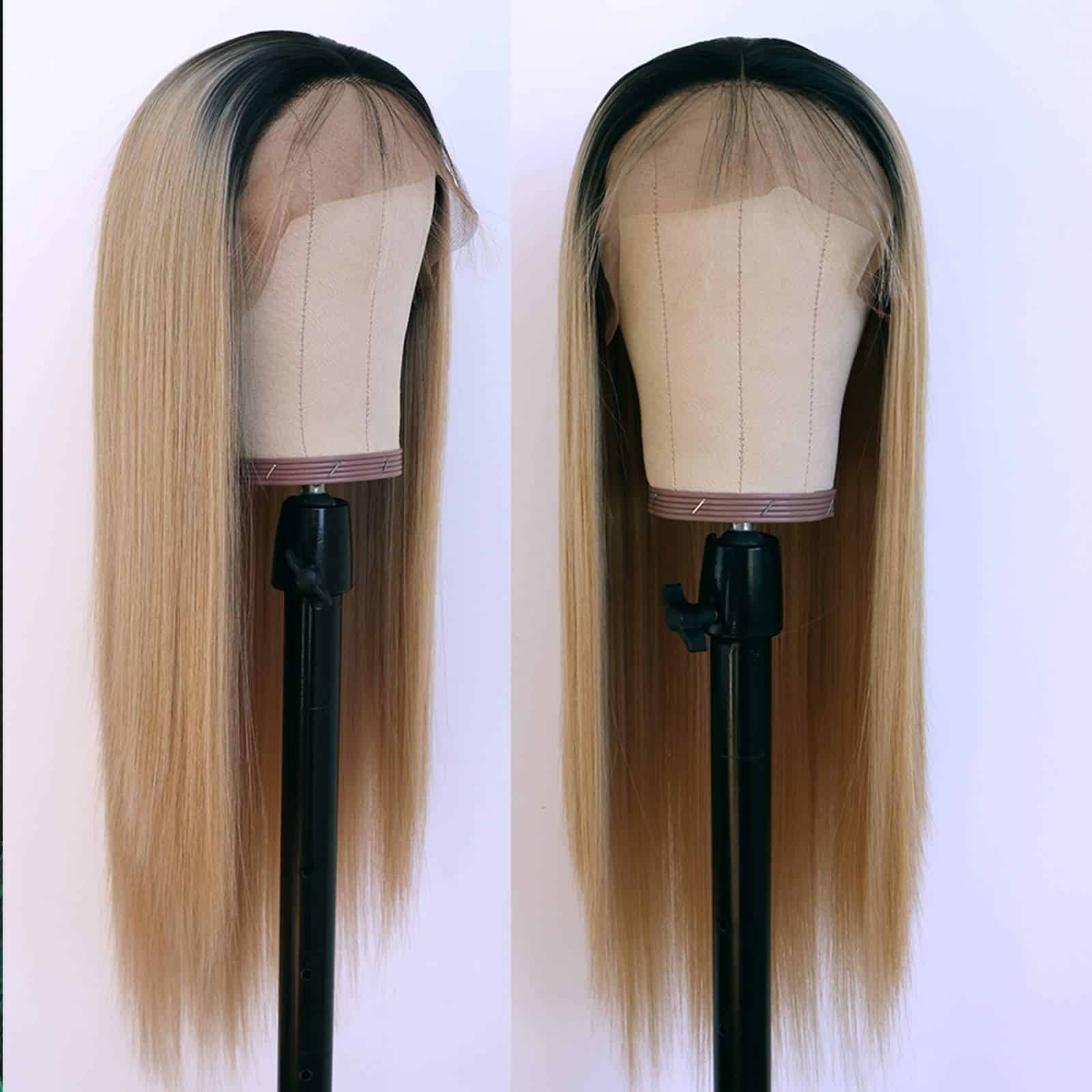 Pelucas de Encaje Rubia Ombre con Raíces Negras Largas - Imagen 5