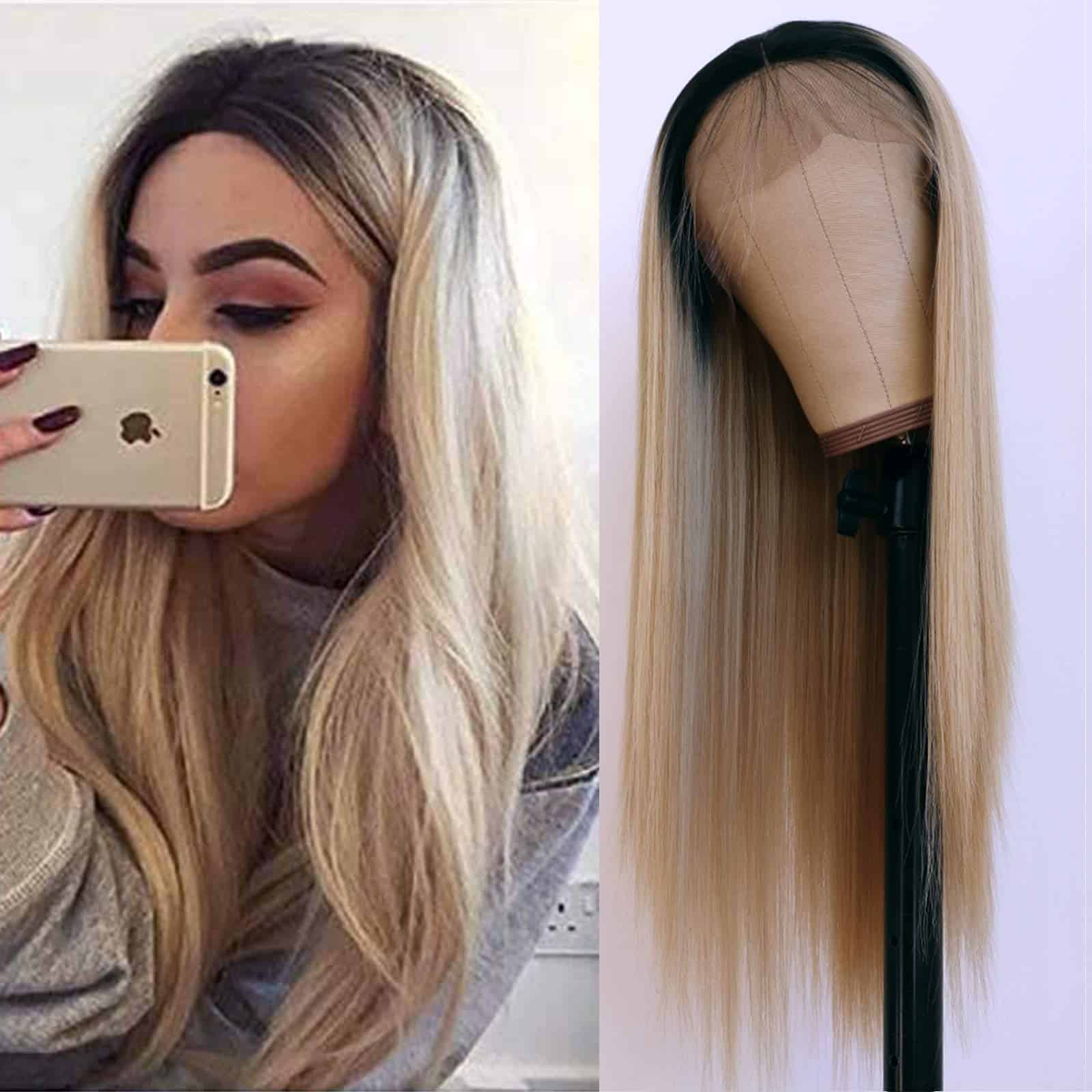 Pelucas de Encaje Rubia Ombre con Raíces Negras Largas - Imagen 3