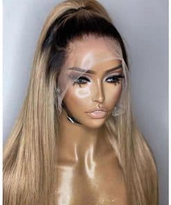 Pelucas de Encaje Rubia Ombre con Raíces Negras Largas
