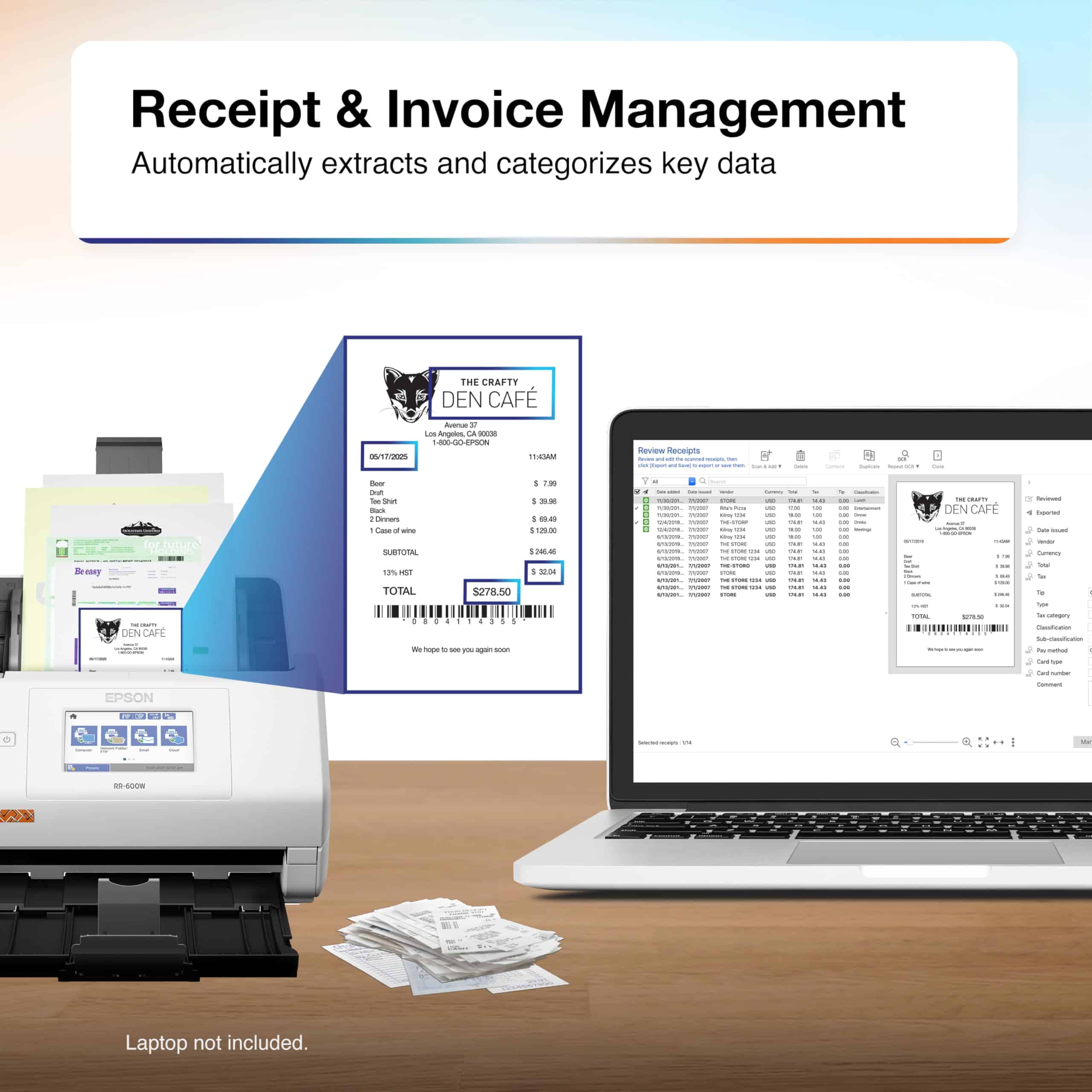 Escáner de recibos y documentos Epson RapidReceipt RR-600W - Imagen 4