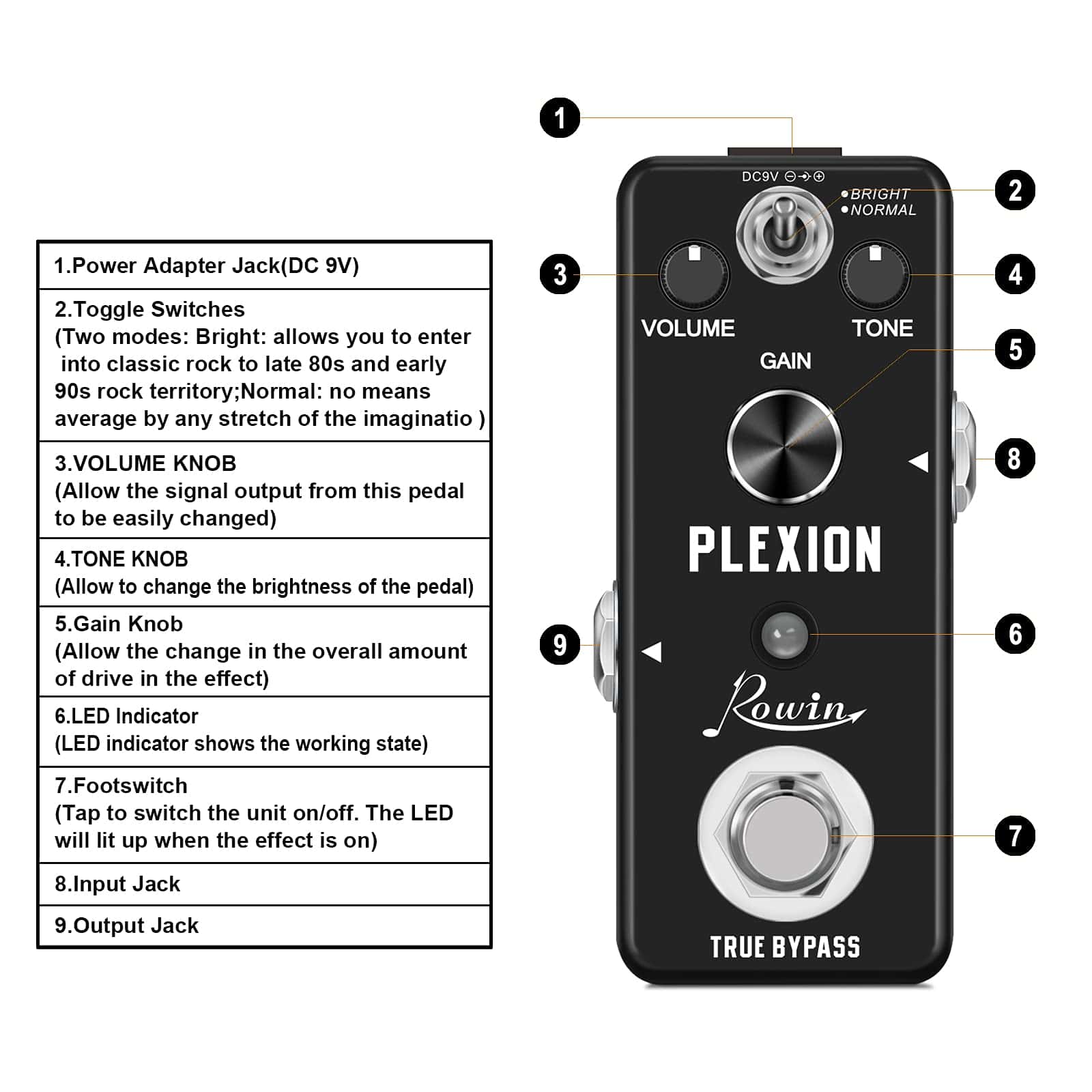 Pedal de Distorsión Rowin Plexion para Guitarra y Bajo con - Imagen 3