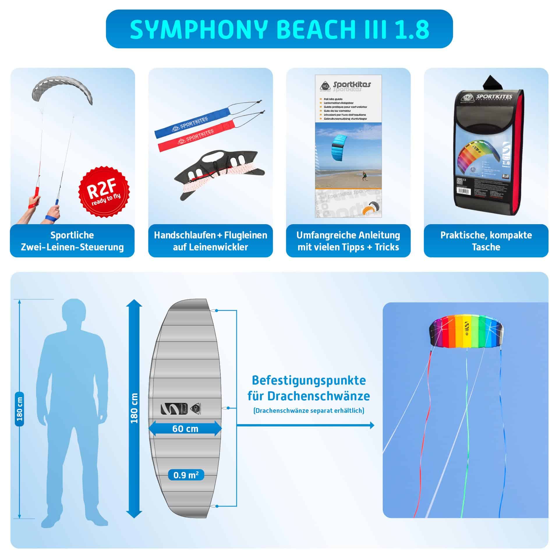 Cometa acrobática HQ Symphony Beach III 1.8, Arcoíris, - Imagen 4