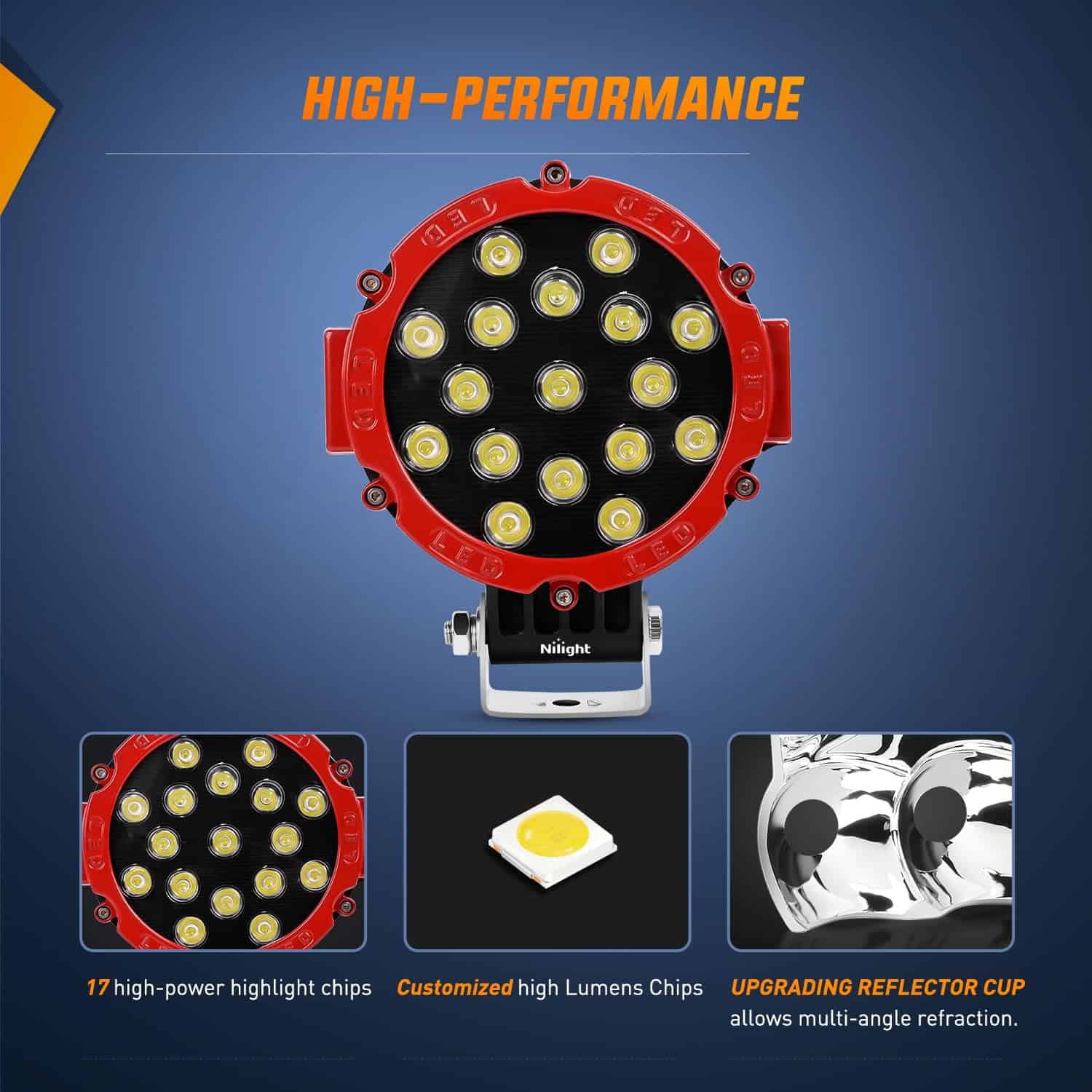 Barra de luz LED Nilight 2PCS 7" 51w 5100LM Rojo Ronda Spot - Imagen 4