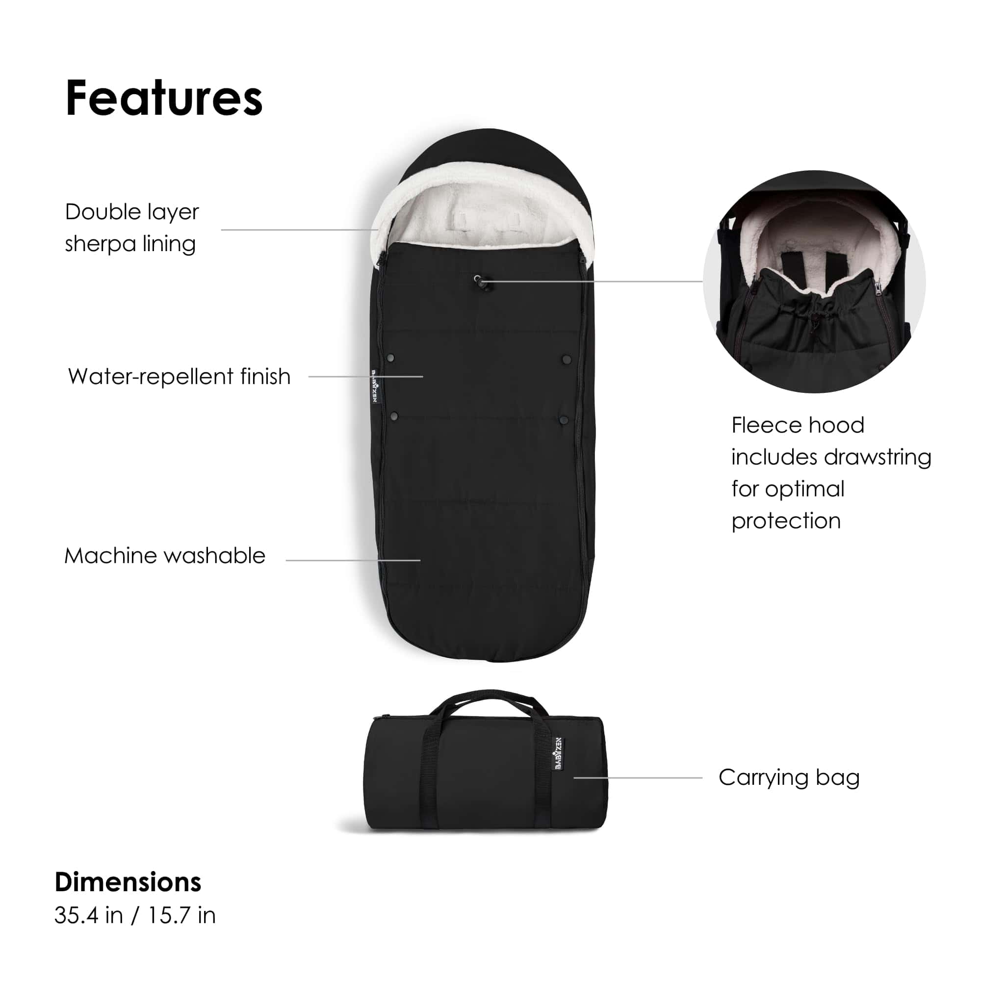 Cubrepiés BABYZEN YOYO, Negro - Forro de Sherpa y Capucha - Imagen 5