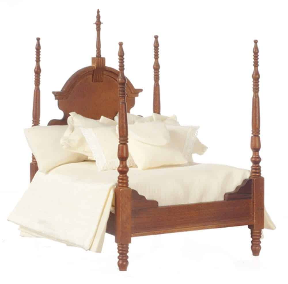Cama con dosel doble de madera en miniatura a escala 1:12