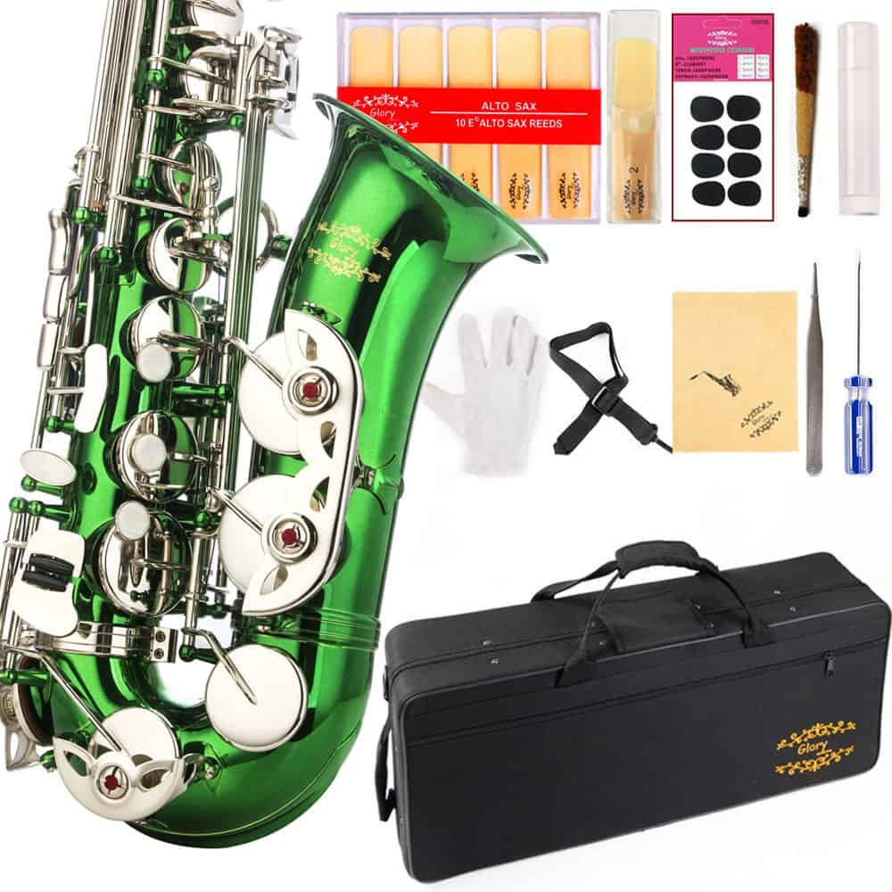 Saxofón Alto E Flat Glory Verde/Plateado con 11 cañas, 8