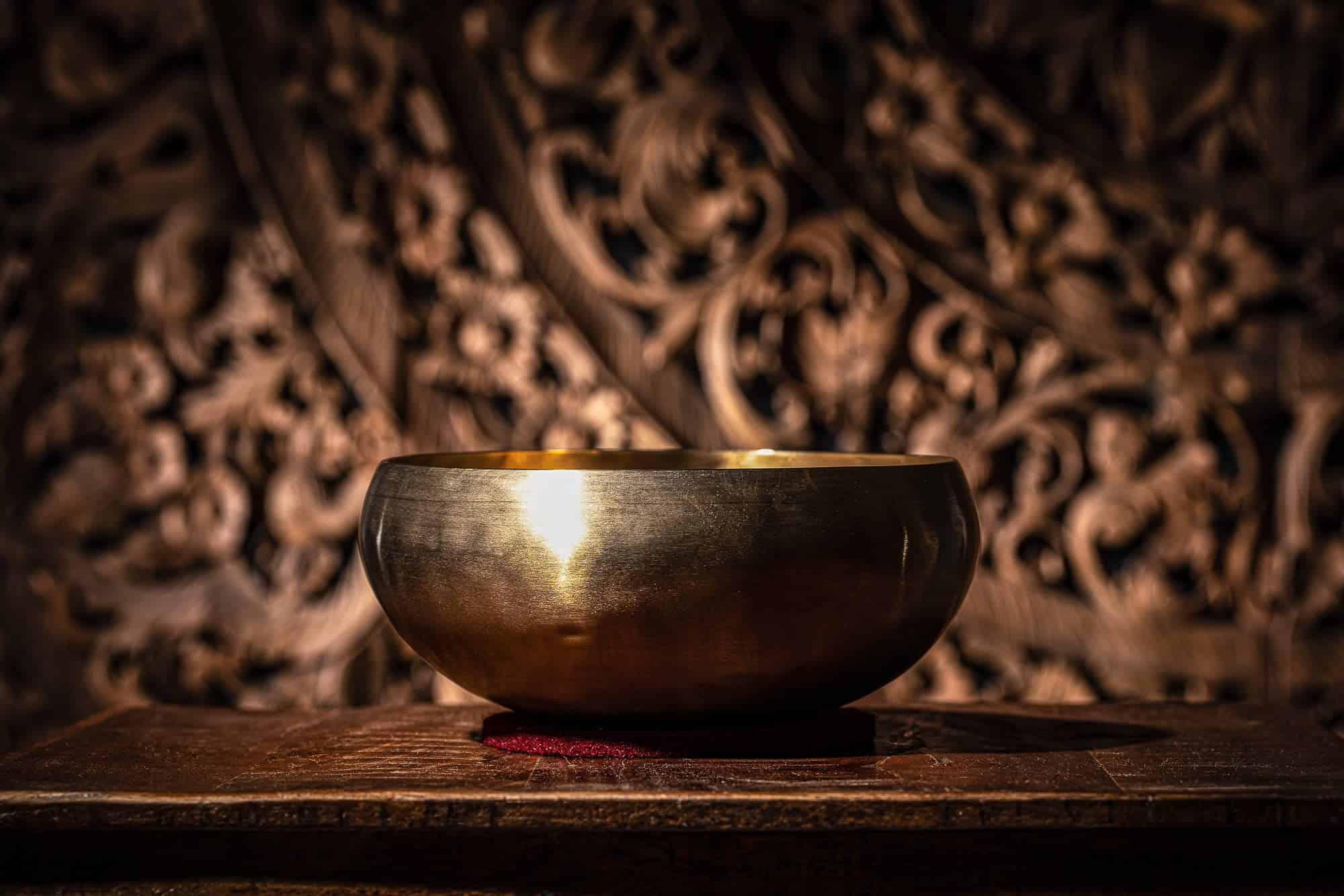 Bol tibetano de bronce con anillo y cubierta de fieltro, - Imagen 3