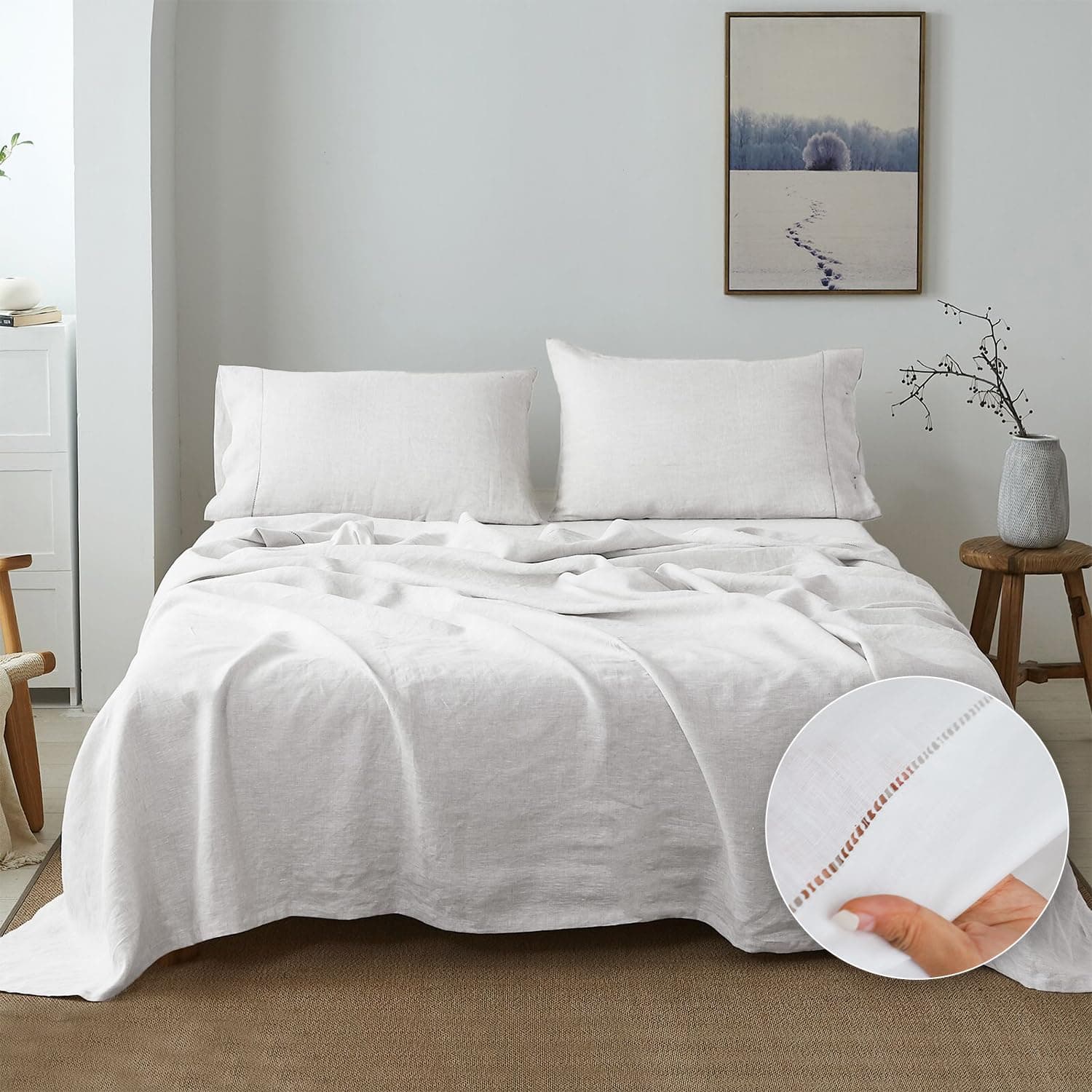 Juego de sábanas de lino belga 100%, hecho a mano con