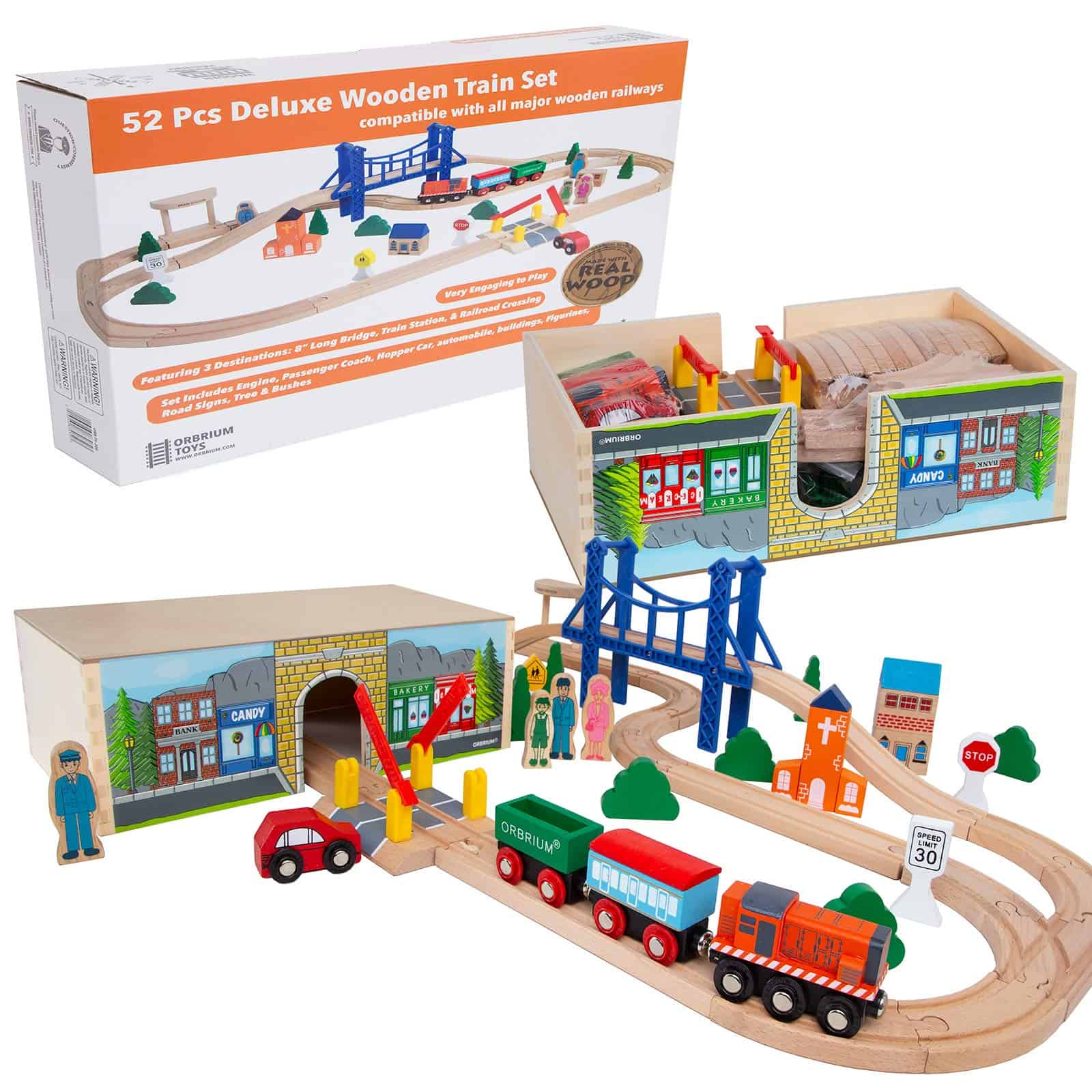Conjunto de Trenes de Madera Deluxe ORBRIUM 52 Pcs con Caja