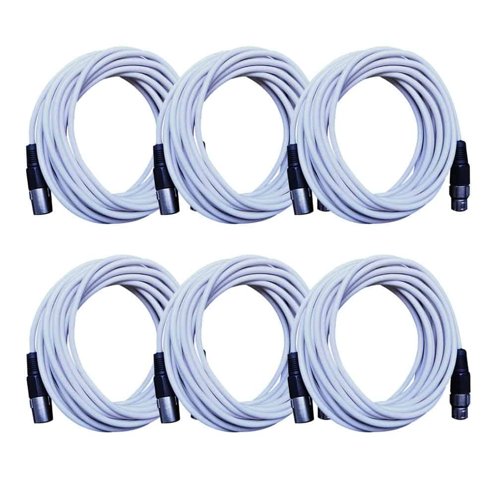 Paquete de 6 Cables de Micrófono XLR de 25 Pies en Blanco -