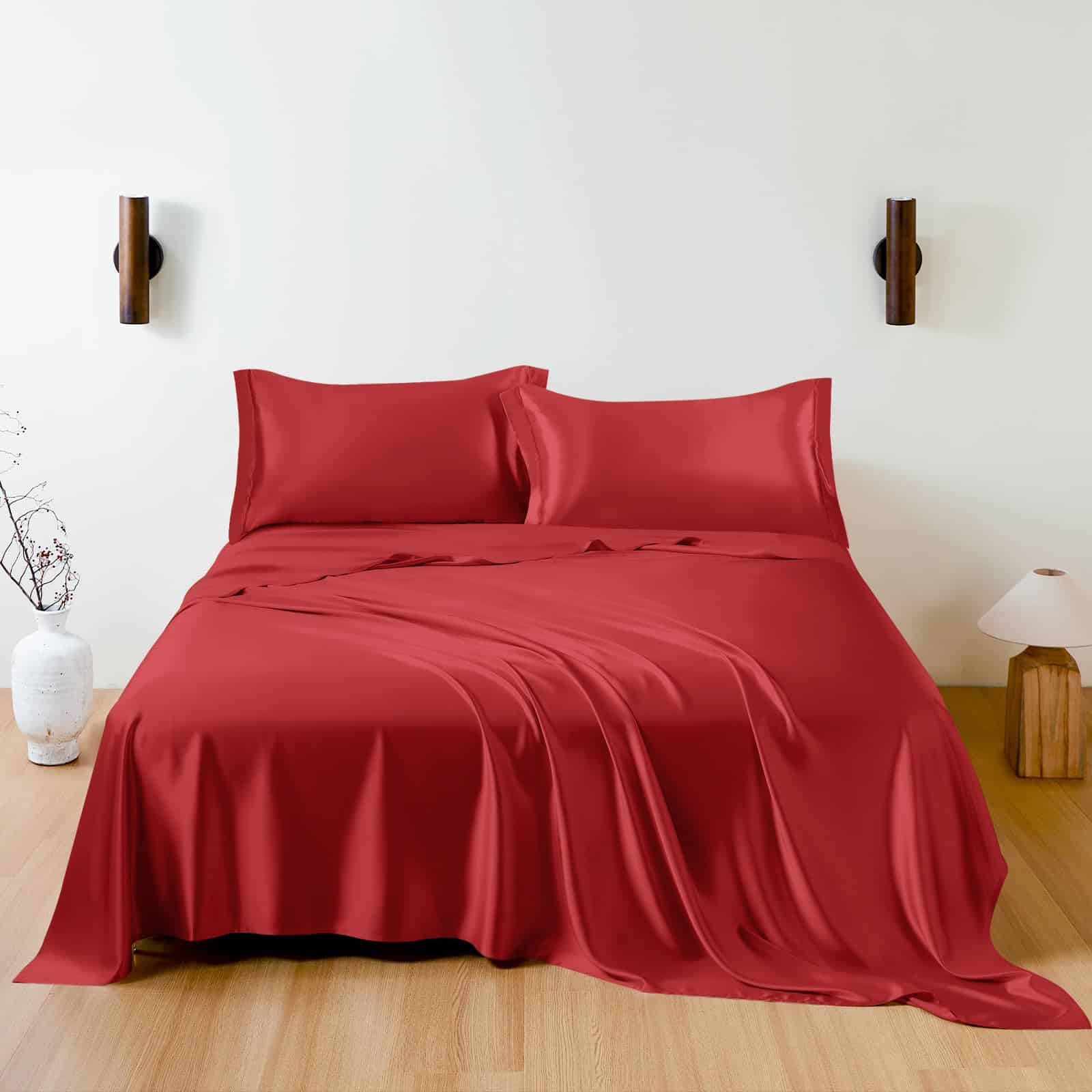 Juego de sábanas de seda 100% de mora -Rojo