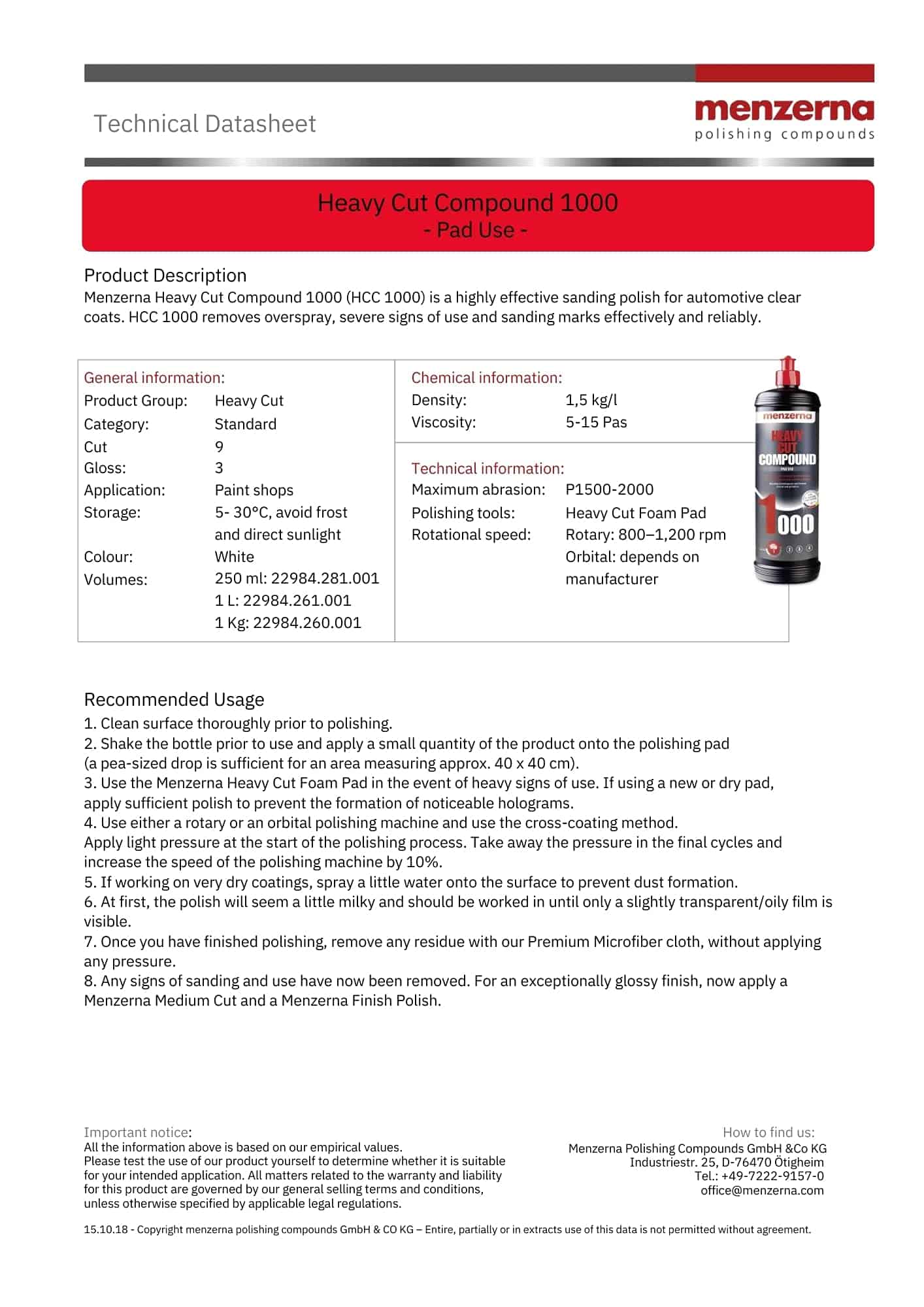 Menzerna HCC1000G Compuesto de Corte Pesado (Antiguo PG1000 - Imagen 3