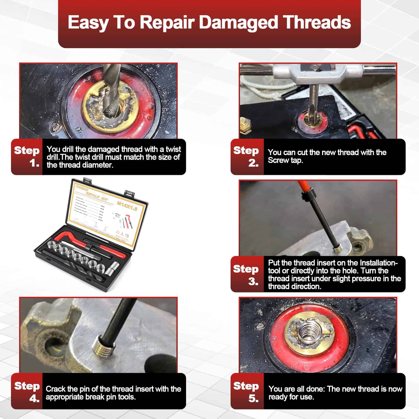 15 Piezas Juego de Insertos de Rosca M14x1.5 Accesorio de - Imagen 8