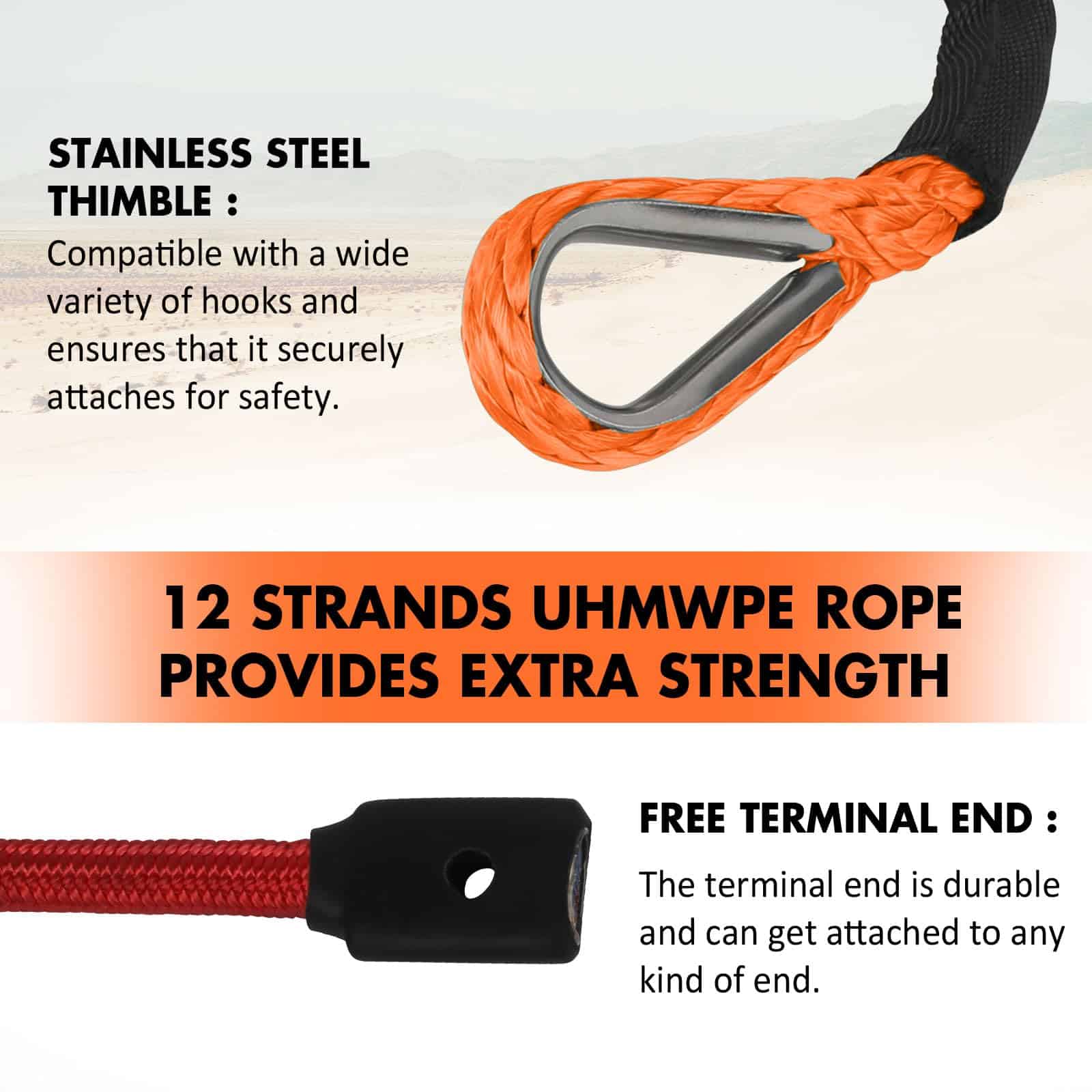 STEGODON 3/8" x 60ft Cuerda Sintética de Winch 19,854 lbs - Imagen 5