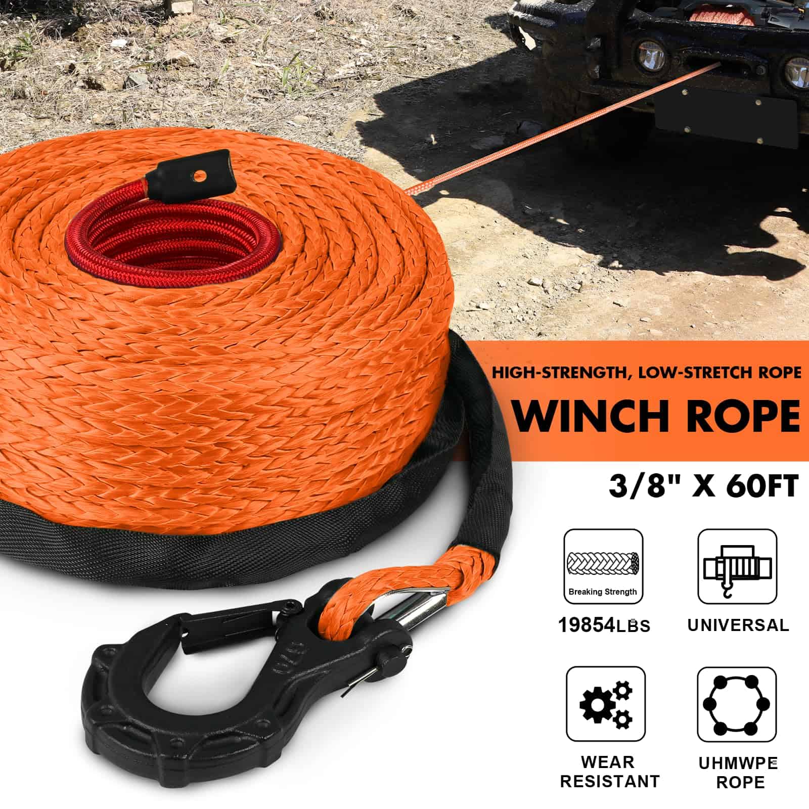 STEGODON 3/8" x 60ft Cuerda Sintética de Winch 19,854 lbs - Imagen 3