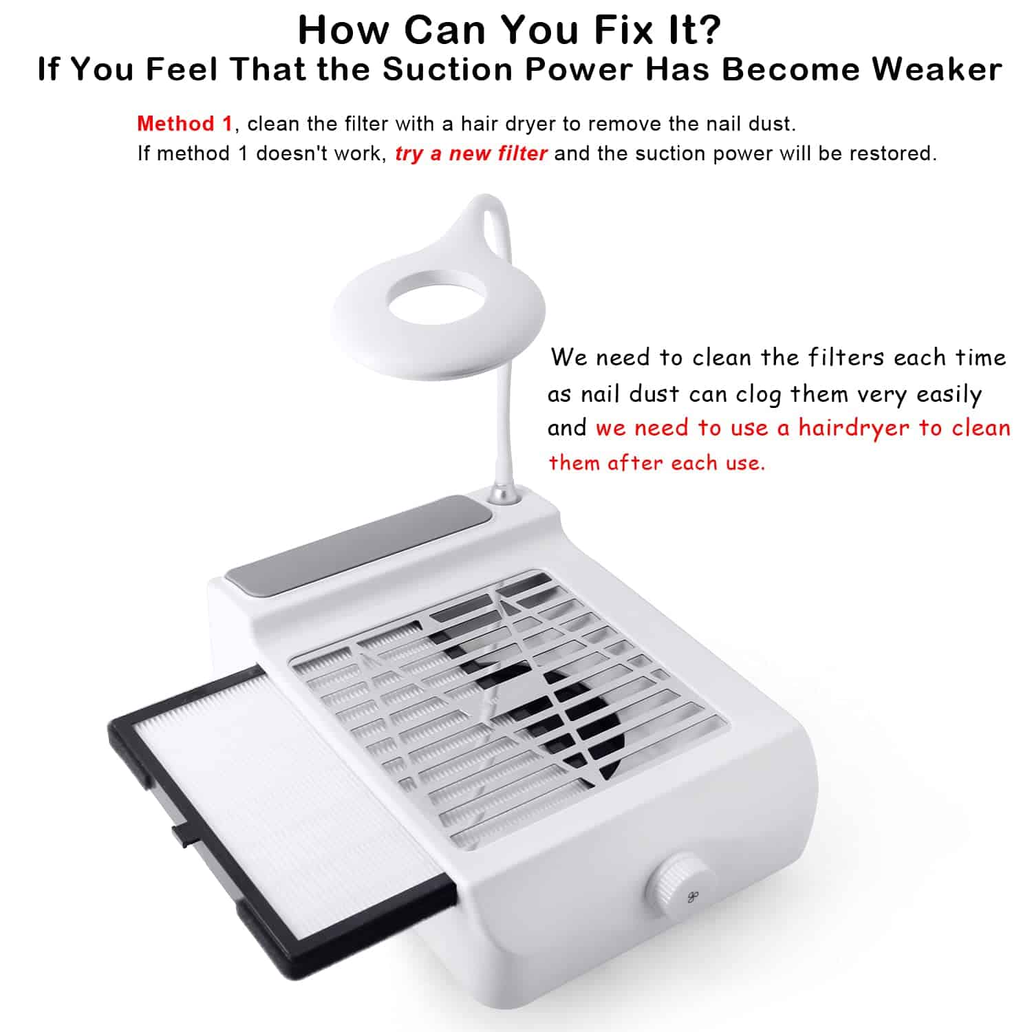 Colector de polvo para uñas con lámpara, bajo ruido, - Imagen 7