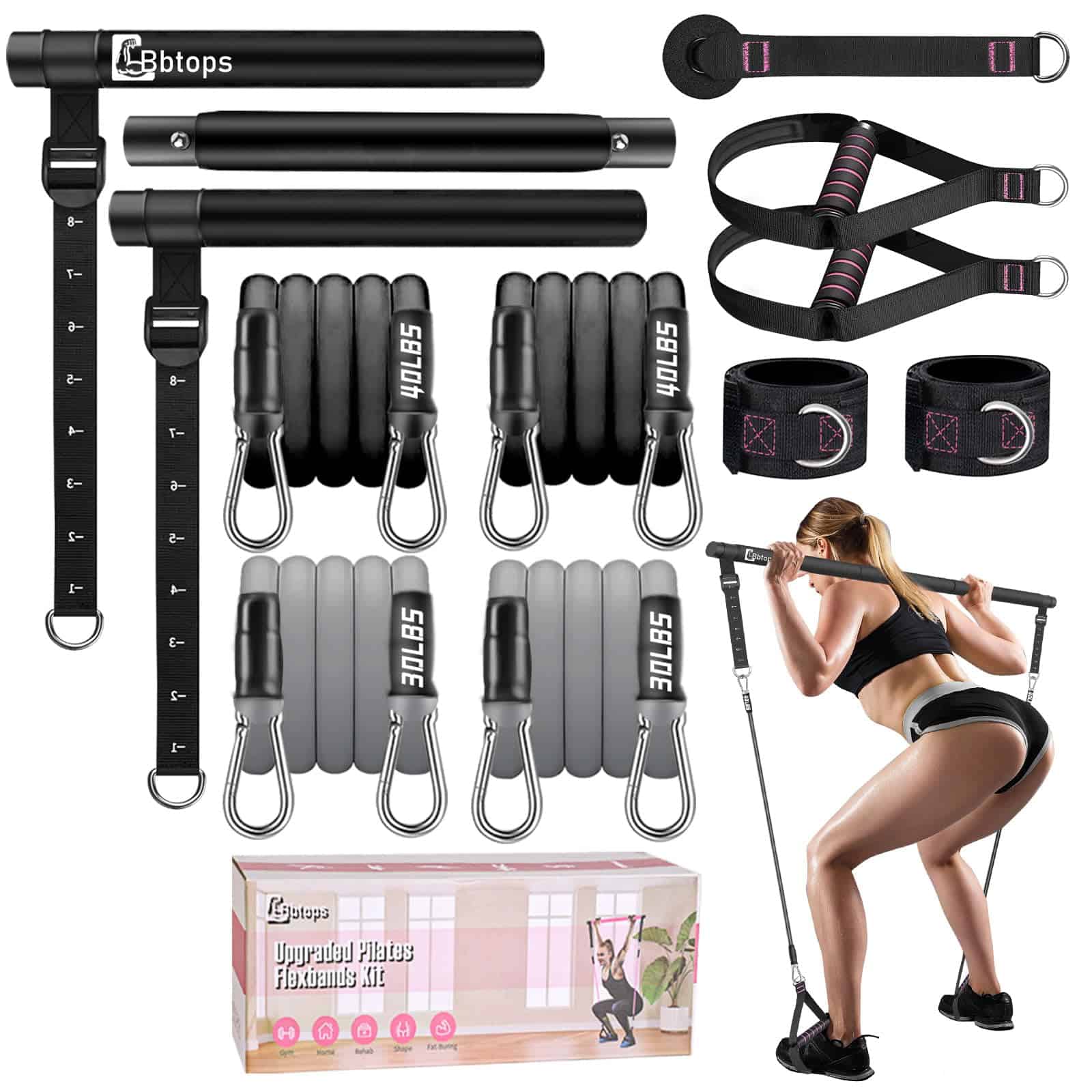 Kit de Barra de Pilates con Bandas de -Negro (30lbs, 40lbs)
