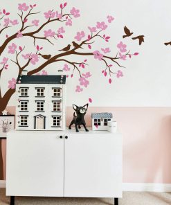Gran Esquina Árbol Calcomanía de Pared con -Marrón, Rosa, Ro