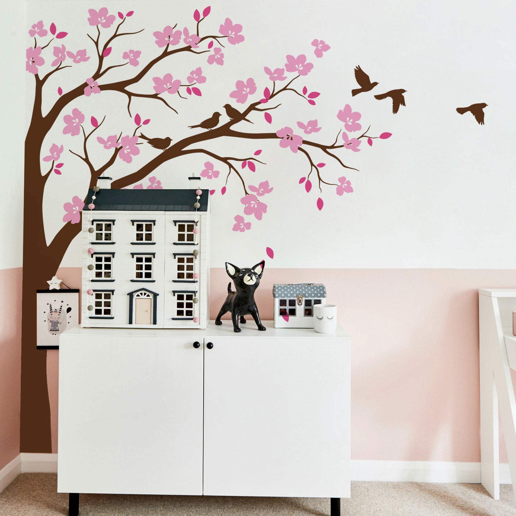 Gran Esquina Árbol Calcomanía de Pared con -Marrón, Rosa, Ro
