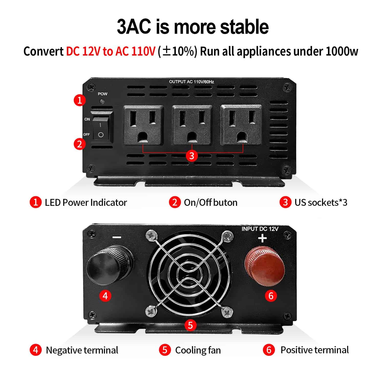 Inversor de Potencia YSOLX 1000W 12v a 110v, Convertidor de - Imagen 4