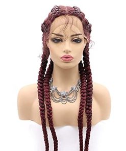 Peluca Trenzada Sintética de Encaje Frontal Color Rojo Vino