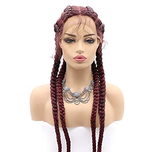 Peluca Trenzada Sintética de Encaje Frontal Color Rojo Vino