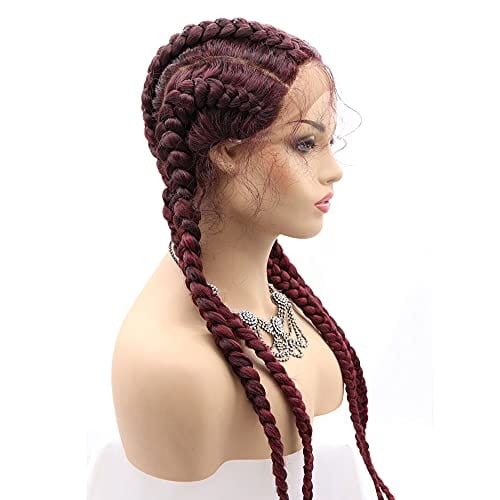 Peluca Trenzada Sintética de Encaje Frontal Color Rojo Vino - Imagen 4