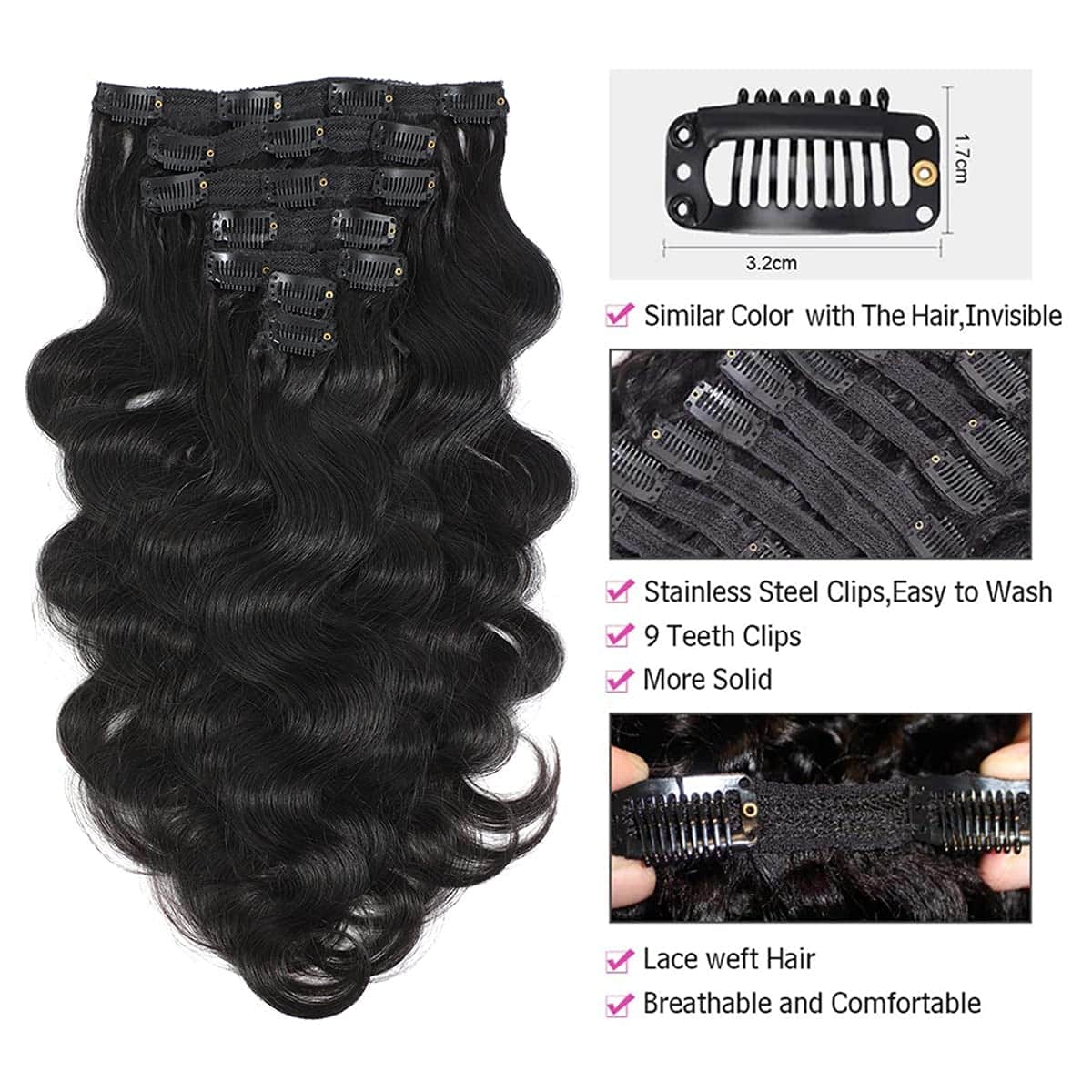 Extensiones de Cabello Ondulado de Clip de Onda Corporal - Imagen 4