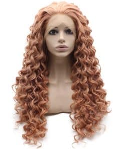 Peluca de Encaje Frontal Rizado Largo en Rosa Sintética