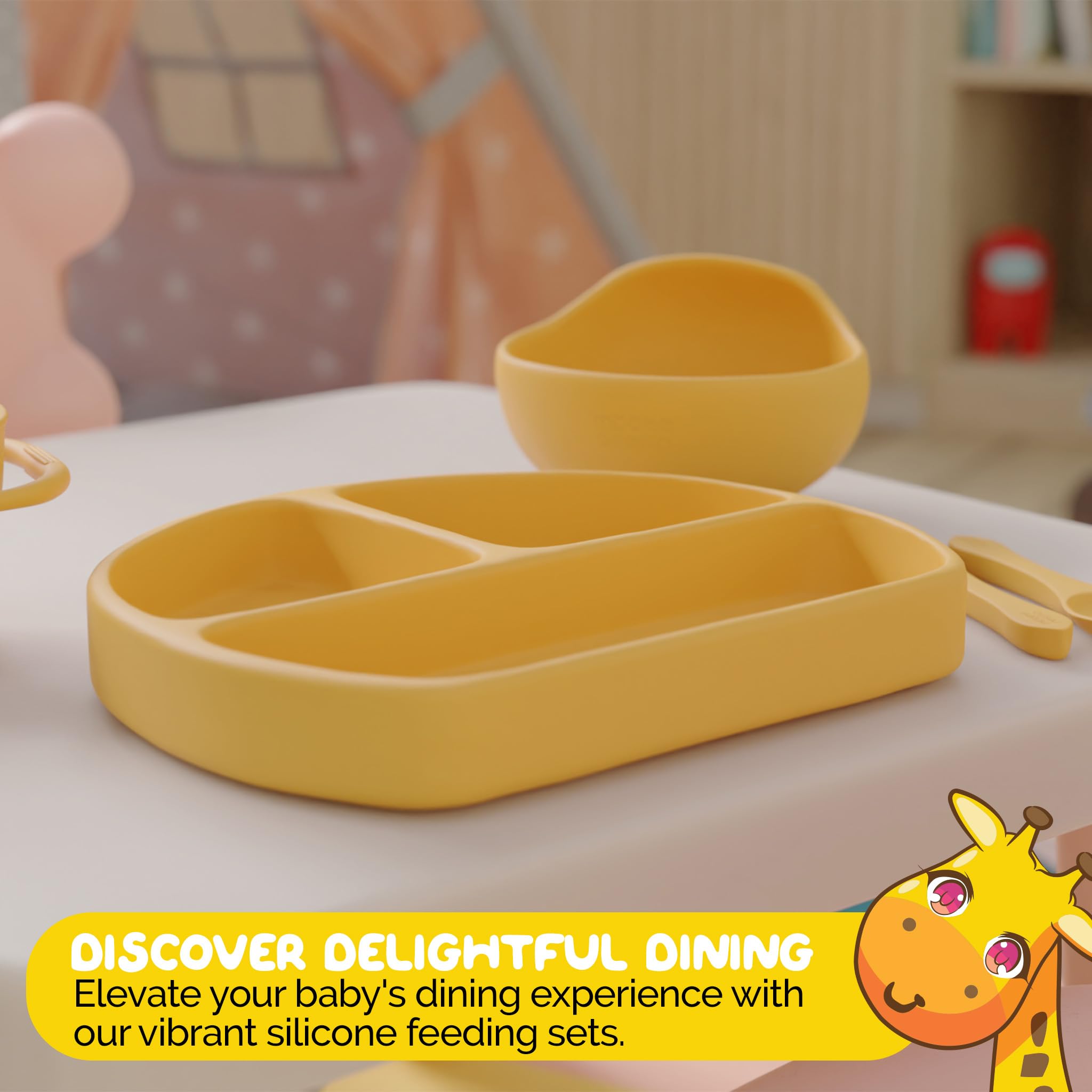 Set de alimentación de silicona por Muqee Peeko en amarillo - Imagen 6