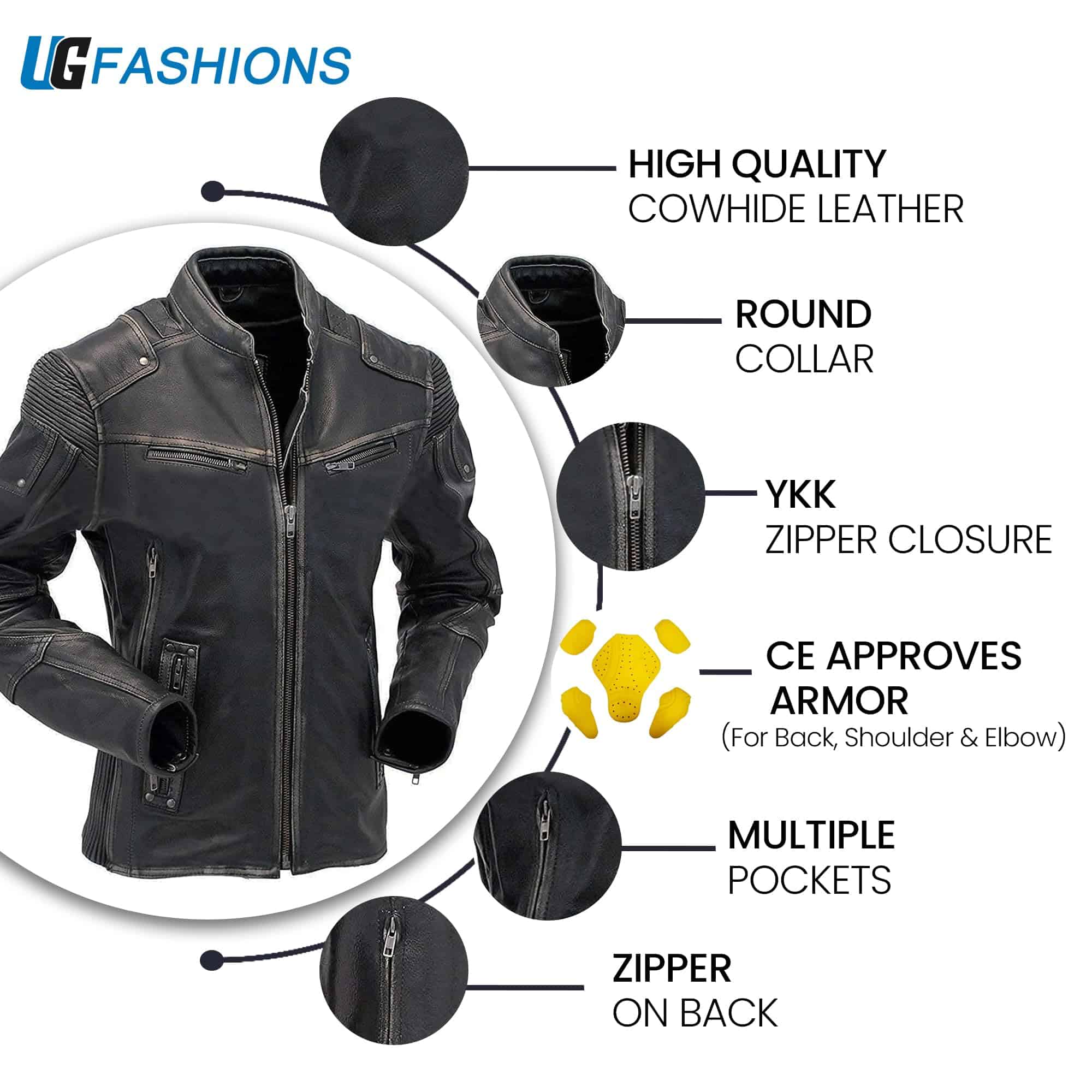 Chaqueta de Cuero para Moto UGFashions Vintage Brando Caf� - Imagen 3