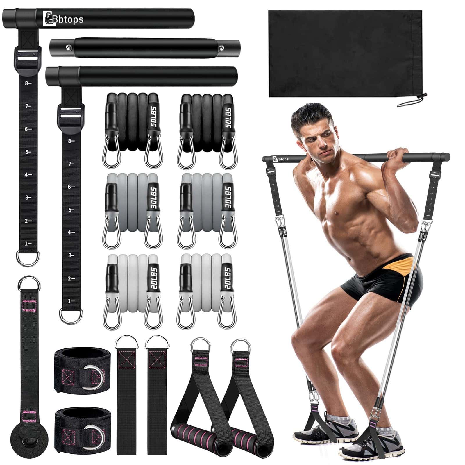 Kit de Barra de Pilates con Bandas de -Negro (Upgrade 20/30/