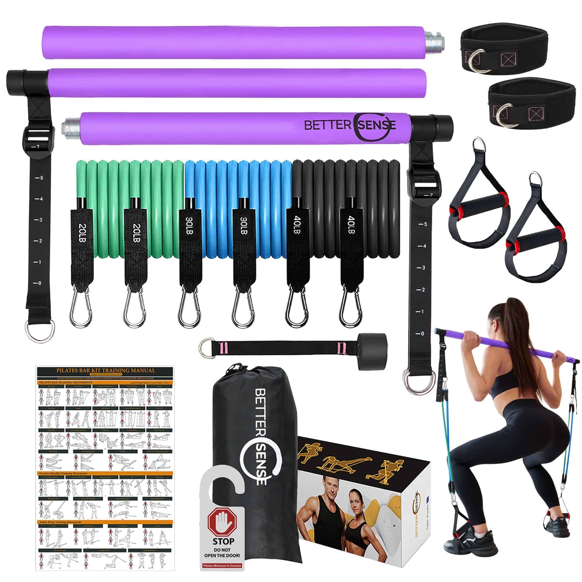Kit de Barra de Pilates con Bandas de -Morado (20lbs, 30lbs,